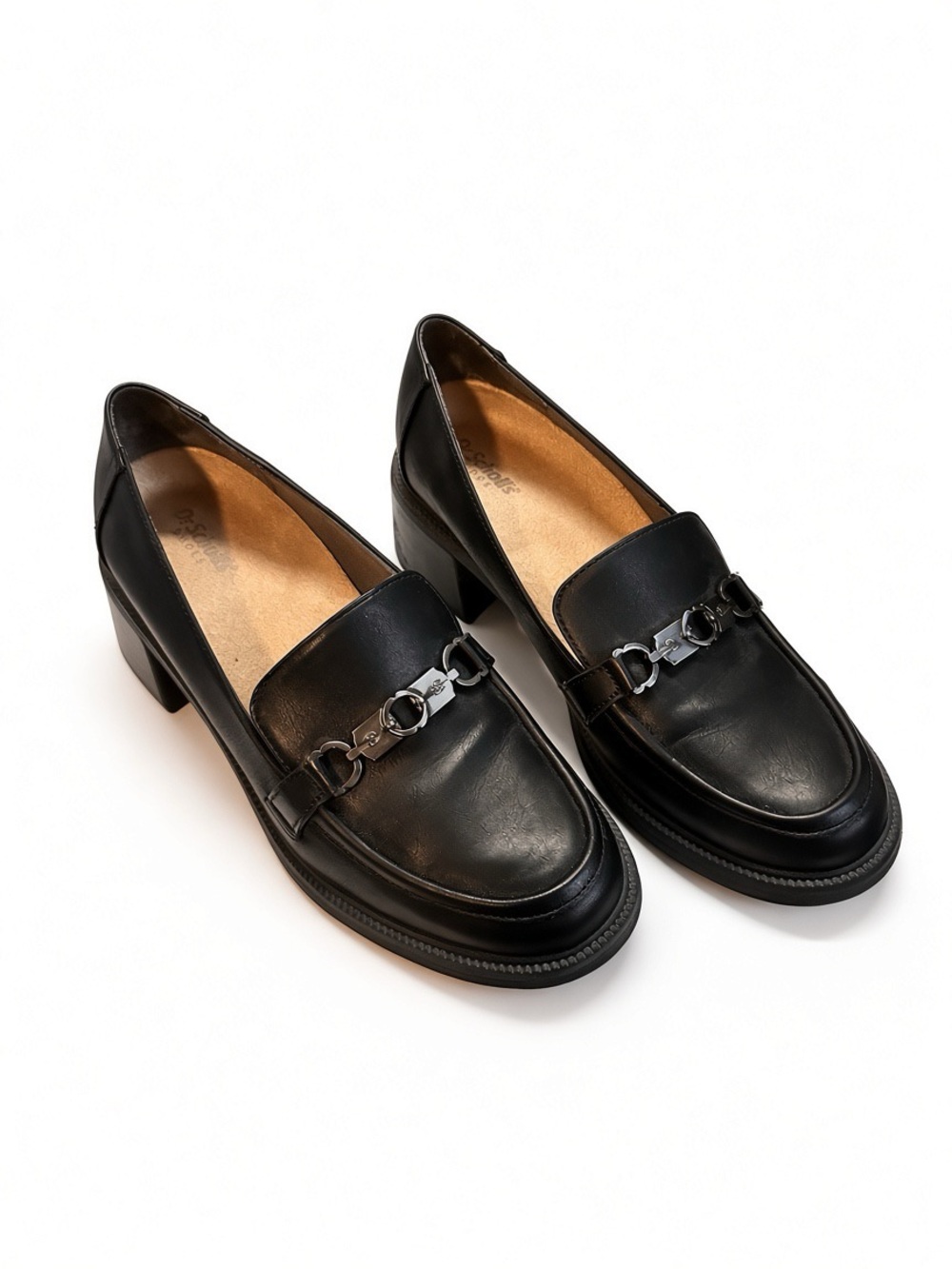 Black Dr. Scholl’s heeled loafers with a medium-sized block heel